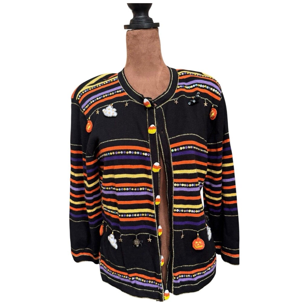 Vintage Halloween Cardigan Ghost Pumpkin Spider Web Knit Medium